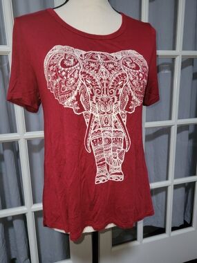 Women's Red Short Sleeve Tee with White Elephant Graphic